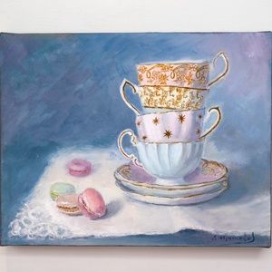 Original oil painting on canvas,4 pastel cups and macaroons 11" x 14